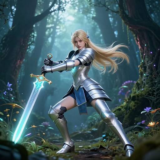 Digital art of a blonde, fair-skinned female knight in shining armor, wielding a glowing blue sword in a mystical forest.