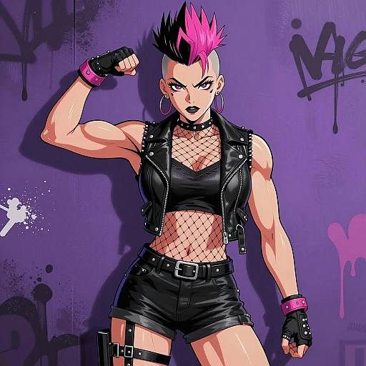 Confident Punk Woman in Vibrant Anime Style