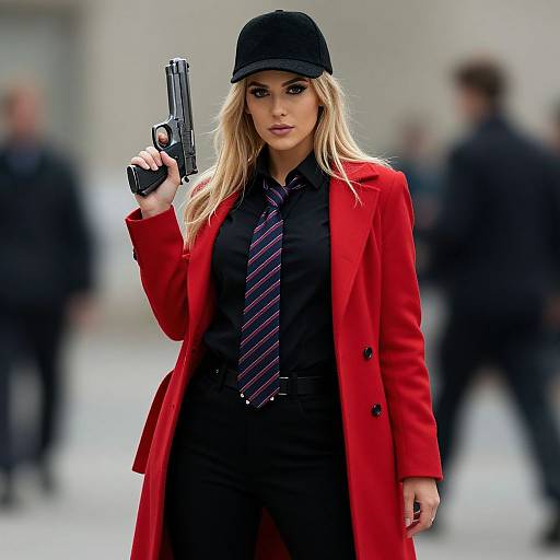 Photorealistic image of a blonde woman in a black cap, red coat, black shirt, and striped tie, holding a gun, standing in a