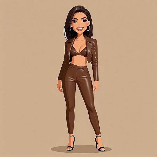 Digital illustration of a confident woman with black hair, wearing a black leather crop jacket, bralette, and high-waisted leather pants, standing with