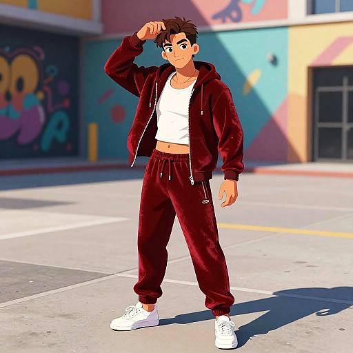 Young Male in Red Velvet Tracksuit on Urban Plaza
