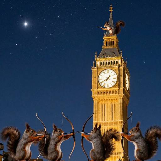Photograph of a brightly illuminated Big Ben clock tower at night with six squirrels in the foreground, each holding a bowstring. A starry sky
