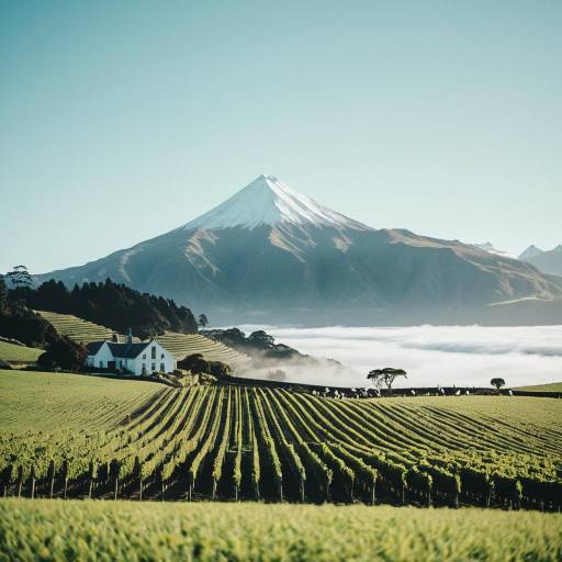 New Zealand Vineyard with Volcanic Peak and Mist