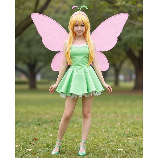 Photograph of a young Asian woman in a green fairy costume with pink wings, blonde hair, green dress, and heels, standing on grass in a