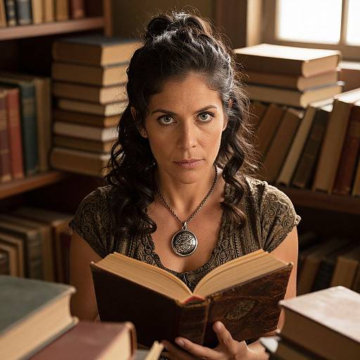 Photograph of a dark-haired woman with wavy hair, wearing a patterned brown top and silver pendant, reading a book in a sunlit,