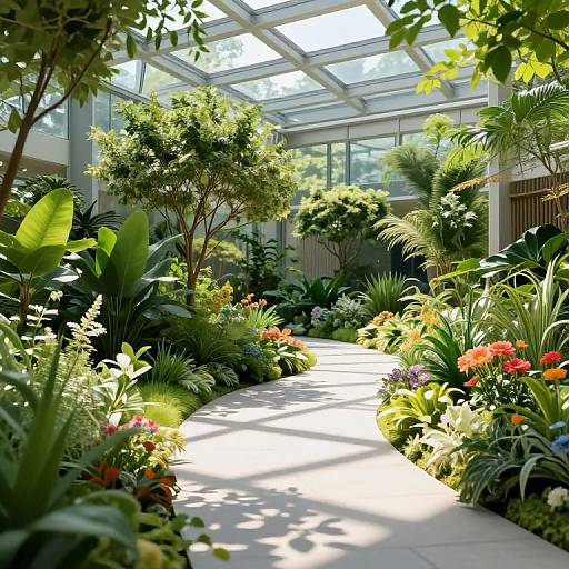 Photograph of a bright, sunlit indoor conservatory with a stone pathway winding through lush, colorful tropical plants and trees.
