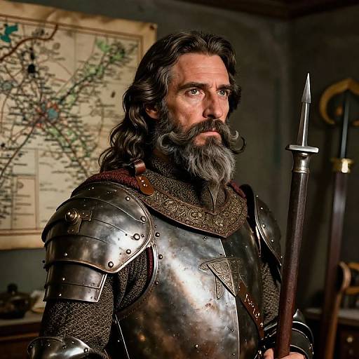 Photograph of a bearded, middle-aged man in medieval steel armor with a sword, standing in a dimly lit room with a detailed map on