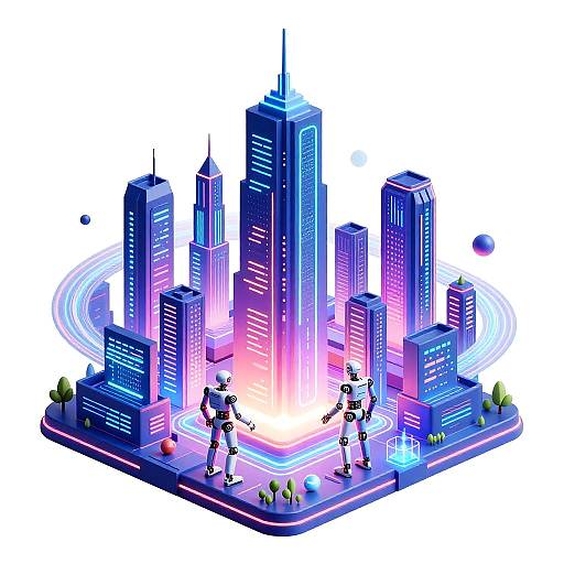 Digital illustration of a futuristic cityscape with neon-blue and purple skyscrapers, glowing lights, robotic figures dancing at the square's center, surrounded by