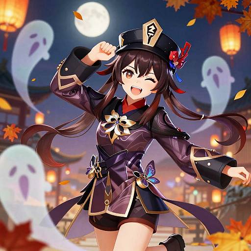 Anime-style digital illustration of a winking girl in a black military-inspired outfit with a hat, surrounded by ghostly figures and autumn leaves, under a