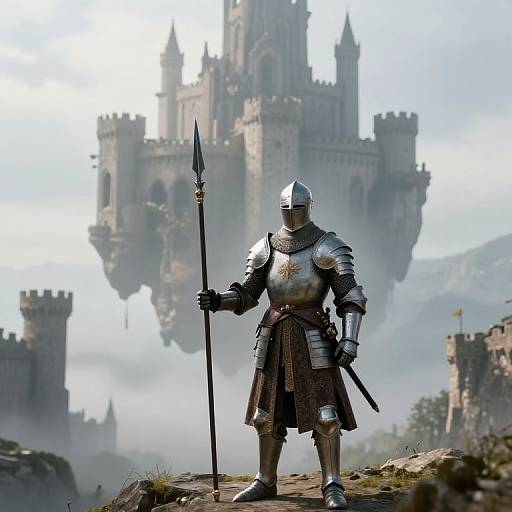 Photorealistic CGI: armored knight with silver helmet, holding spear, standing on rocky terrain, misty medieval castle in background.