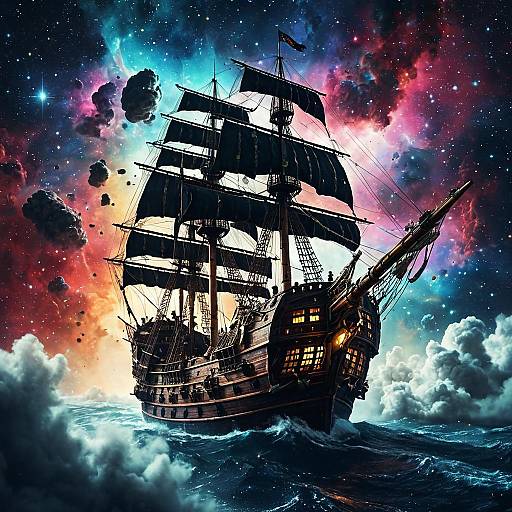 Pirate Ship Sailing Through Colorful Nebula