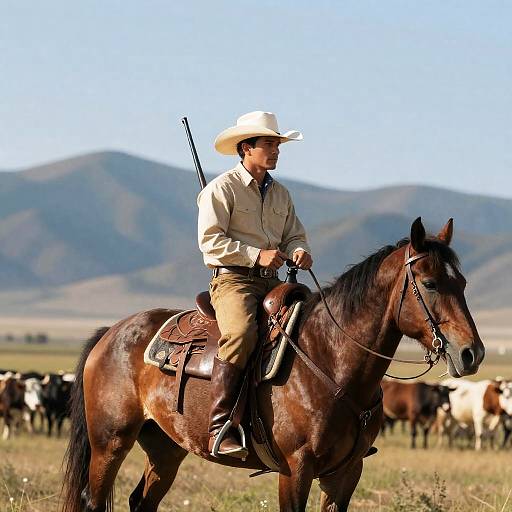 Cowboy on Horseback with Rifle and Cattle
