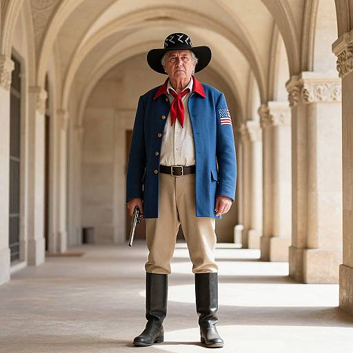 Photograph of an elderly white man in a blue Revolutionary War uniform, black boots, wide-brimmed hat, red scarf, standing in a sun