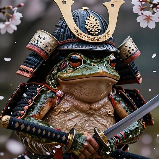 Photorealistic digital artwork of a green frog in detailed samurai armor, holding a katana, with cherry blossoms in the background.