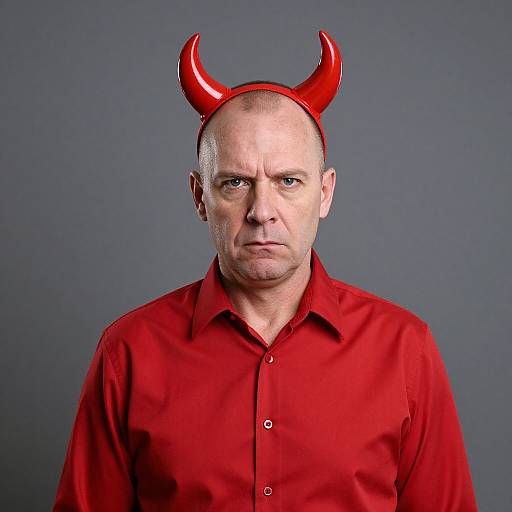 Middle-aged man with bald head wearing red devil horns and matching red shirt, serious expression, gray background, studio photograph.