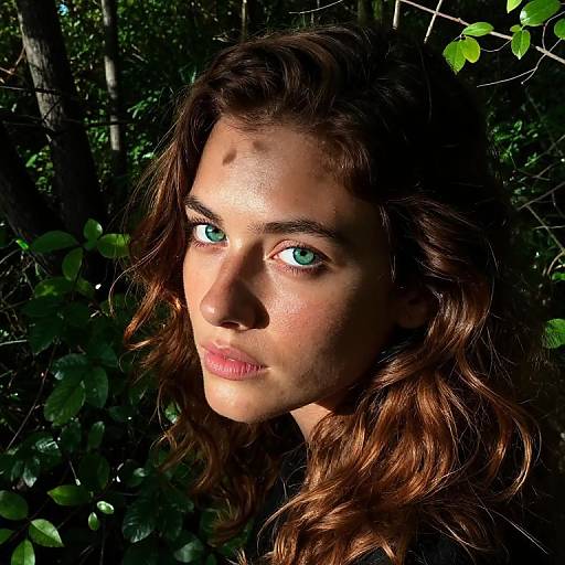 Photograph of a young woman with wavy brown hair, green eyes, and fair skin, illuminated in a dark, leafy forest.