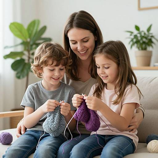Photograph of a smiling brunette woman with two children, knitting together on a couch, holding yarn balls and knitting needles.