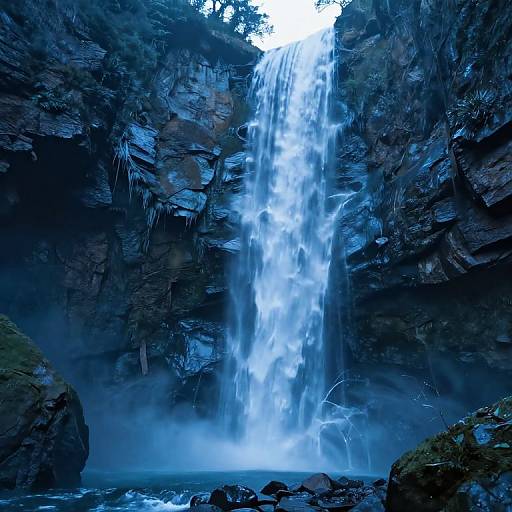 Photograph of a powerful, blue-tinged waterfall cascading down a dark, rocky cliff surrounded by mist and lush greenery.