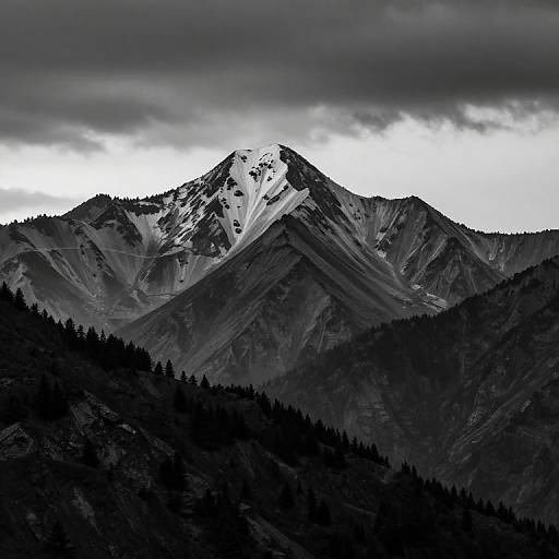 Photograph of a dramatic, snow-capped mountain peak under a cloudy sky, with dark, forested slopes in the foreground. Monochromatic black