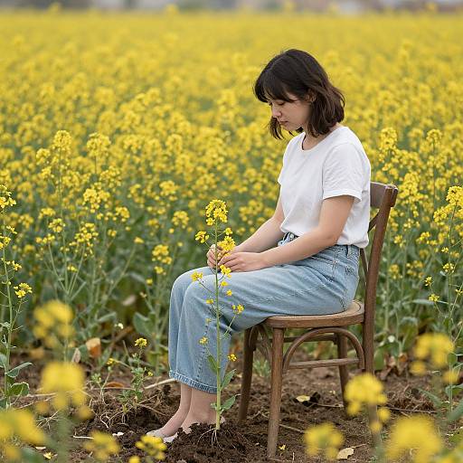 Photograph of a young woman with shoulder-length black hair, wearing a white t-shirt and light blue jeans, sitting in a vast yellow flower field,