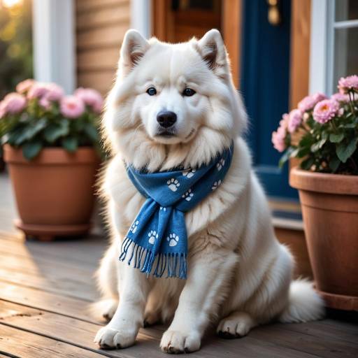 Cozy Samoyed Close-Up with Blue Scarf