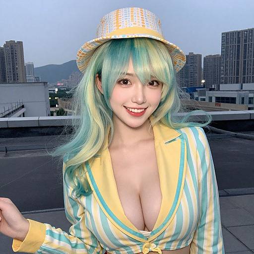 Photograph of a smiling Asian woman with teal-green hair, wearing a yellow-striped blouse with deep neckline, revealing large cleavage, and a yellow hat