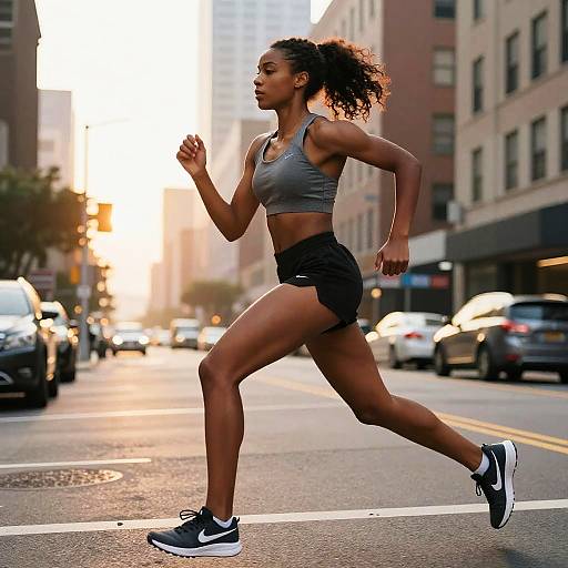 Photograph of a fit Black woman with curly hair, wearing a gray sports bra and black shorts, jogging on a sunlit urban street.