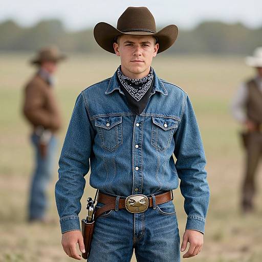Photograph of a young white man in a blue denim shirt, brown hat, and belt with a brass buckle, standing in a blurred field with other