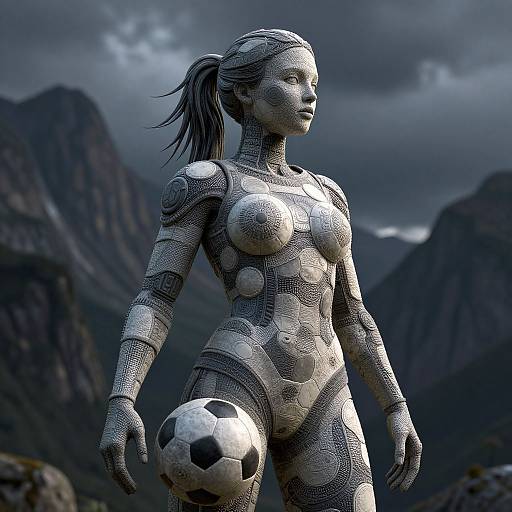CGI image of a silver, patterned, female soccer player with ponytail, holding a soccer ball, against a dark, mountainous backdrop.