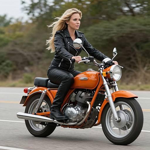 Photograph of a blonde woman with long hair, wearing a black leather jacket and pants, riding an orange motorcycle on a road with trees in the background