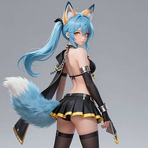 Digital anime-style drawing of a blue-haired fox girl with yellow eyes, wearing a black crop top, skirt, arm sleeves, and thigh-high stockings,