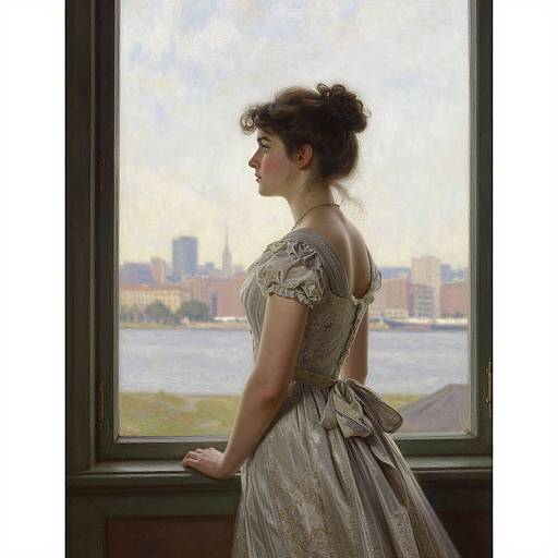 Victorian-era woman with dark hair in an updo, wearing an intricately embroidered grey dress, gazes out a window at a cityscape.