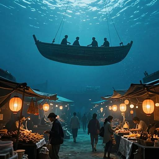 Photograph of a nighttime market with glowing lanterns, floating boat above, vendors selling fruits and vegetables, people walking beneath.