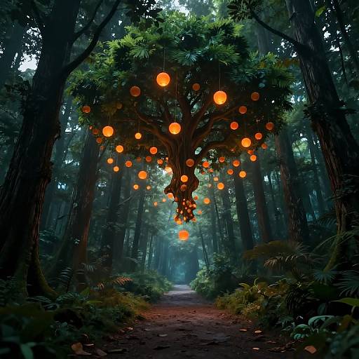 Photograph of a mystical forest with a glowing tree adorned with orange orbs, illuminated path, dense trees, and lush greenery.