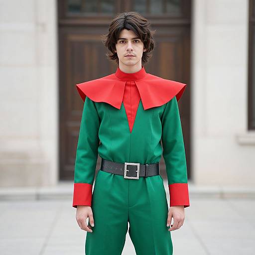 Photograph of a young man with wavy brown hair, wearing a green military-style suit with red collar and shoulder pads, black belt, and red