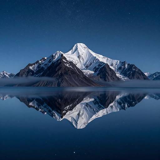Photograph of a snow-capped mountain reflected in a calm, dark blue lake under a starry night sky.
