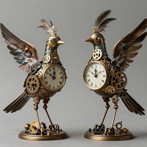 Photograph of two steampunk birds with clock faces, gears, feathers, and blue jewels, facing each other on metallic bases.