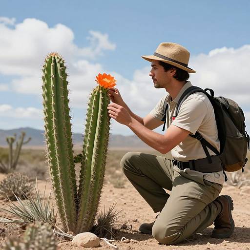 Photograph of a man in a beige hat and backpack, kneeling in a desert, touching a bright orange cactus flower on a tall, green,