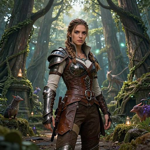 Digital fantasy artwork of a strong, armored, blonde woman with braided hair standing in a lush, enchanted forest, surrounded by glowing mushrooms and mystical lights