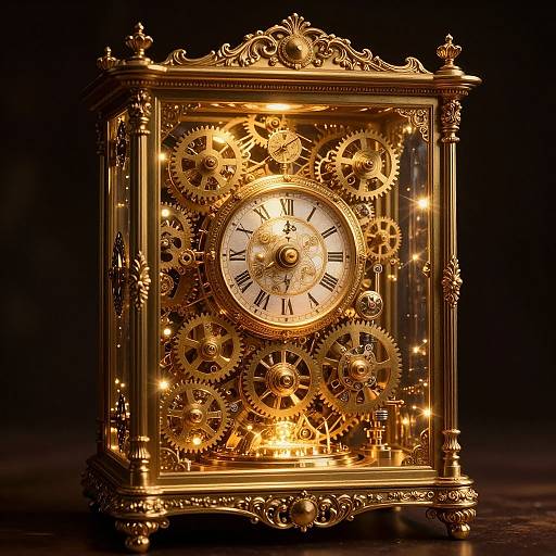 Photograph of an ornate, golden clock with intricate gears and cogs inside, glowing with warm light against a dark background.