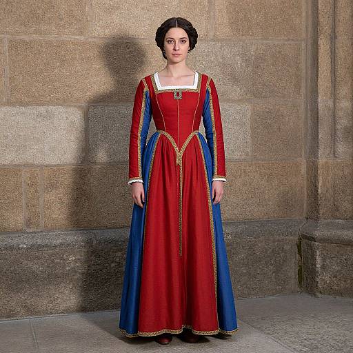 Photograph of a woman in a red and blue Renaissance-style gown with gold trim, standing against a stone wall.