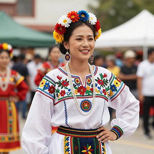 Photograph of smiling Latina woman in traditional Mexican dress with colorful floral embroidery, flower headpiece, and large circular brooch, standing outdoors at a cultural