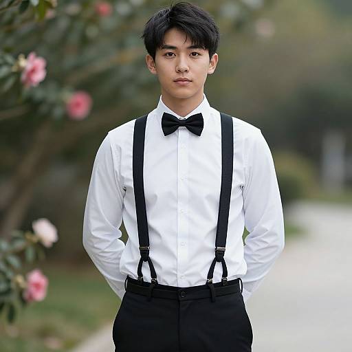 Photograph of an Asian man with short black hair, wearing a white shirt, black bow tie, black suspenders, and black pants, standing outdoors
