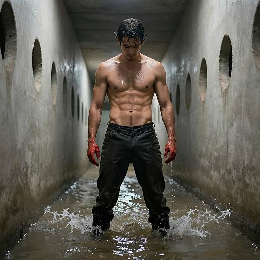 Shirtless Muscular Man Standing in Flooded Concrete Tunnel