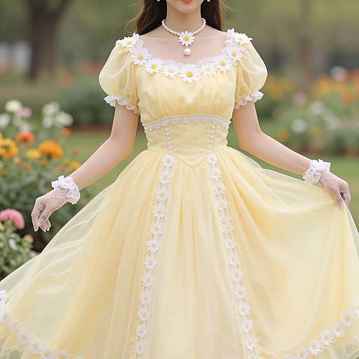 Photograph of a woman in a yellow floral-embellished dress, white lace gloves, and pearl necklace, standing in a blooming garden.