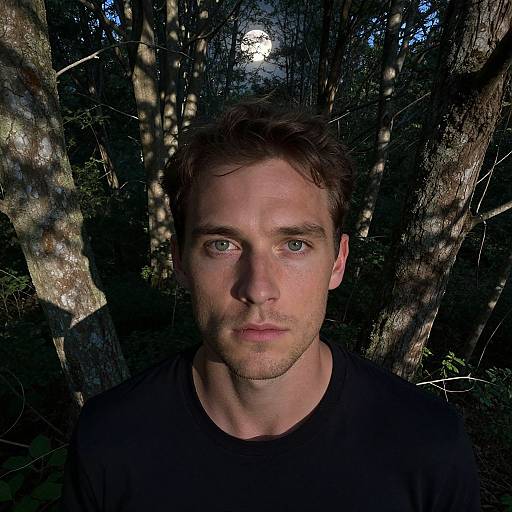 Photograph of a serious young Caucasian man with light brown hair, blue eyes, and fair skin, standing in a dark forest with sunlight filtering through trees