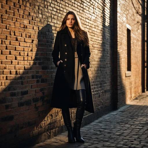 Stylish Woman in Black Coat Leaning on Brick Wall