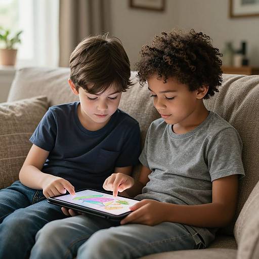 Photograph of two young boys, one with dark hair and blue shirt, the other with curly hair and gray shirt, sitting on a beige couch,
