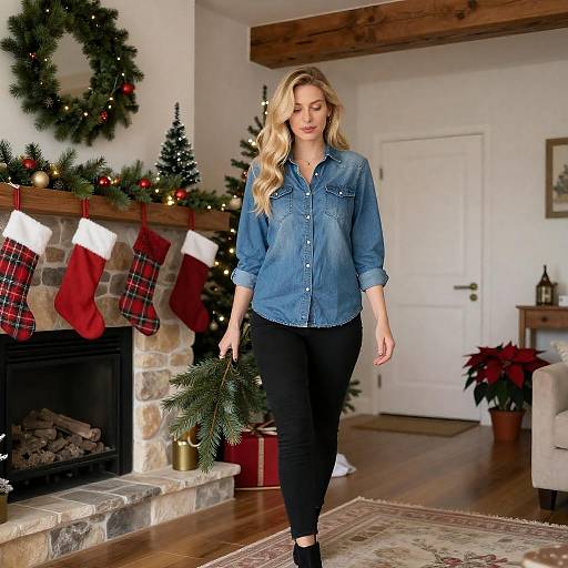 Festive Woman in Christmas Decorated Room