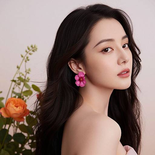 Photograph of an Asian woman with long black hair, pink flower earrings, light skin, orange roses in background, looking over shoulder.